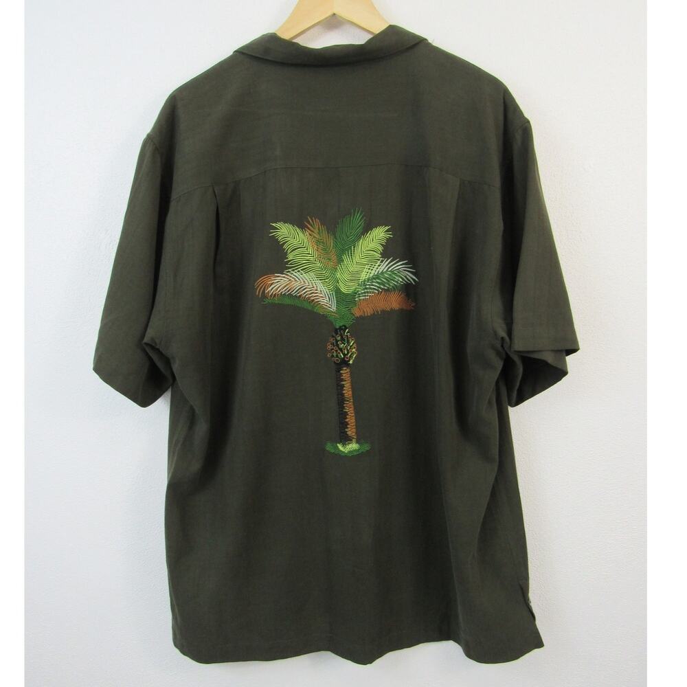 Luau Olive Green Finest Silk Embroidered Palm Tree Button Down Casual Top Large